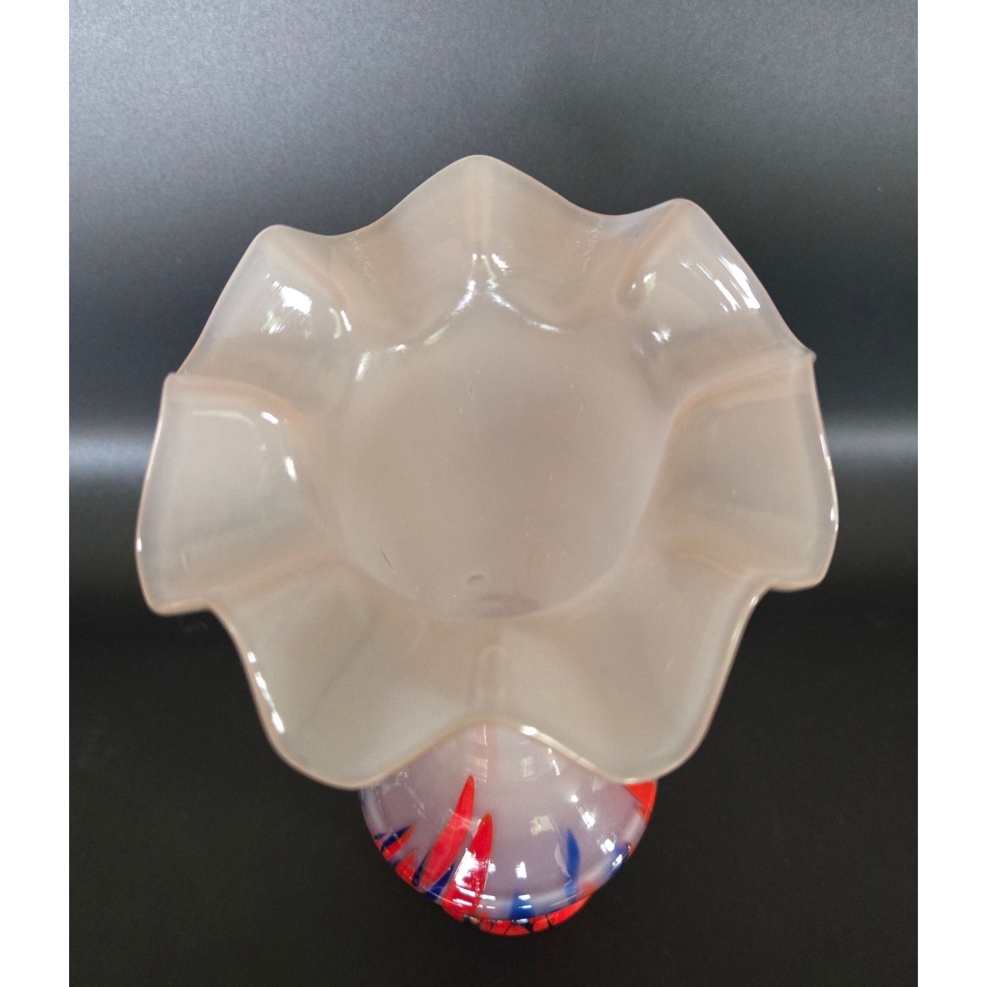1930s Hand Blown Czech Vase Pale Pink, Red Blue Splatter Glass Technique, w/ ruffle rim