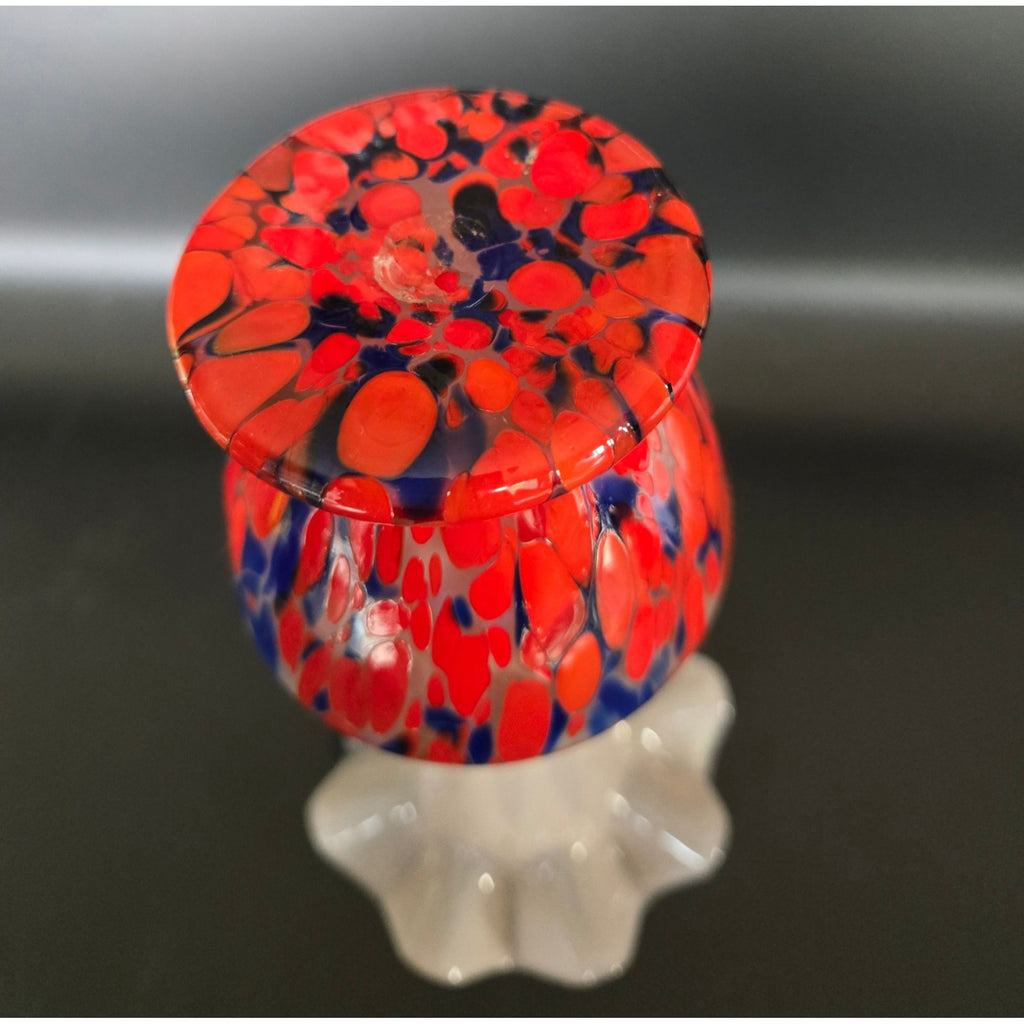 1930s Hand Blown Czech Vase Pale Pink, Red Blue Splatter Glass Technique, w/ ruffle rim