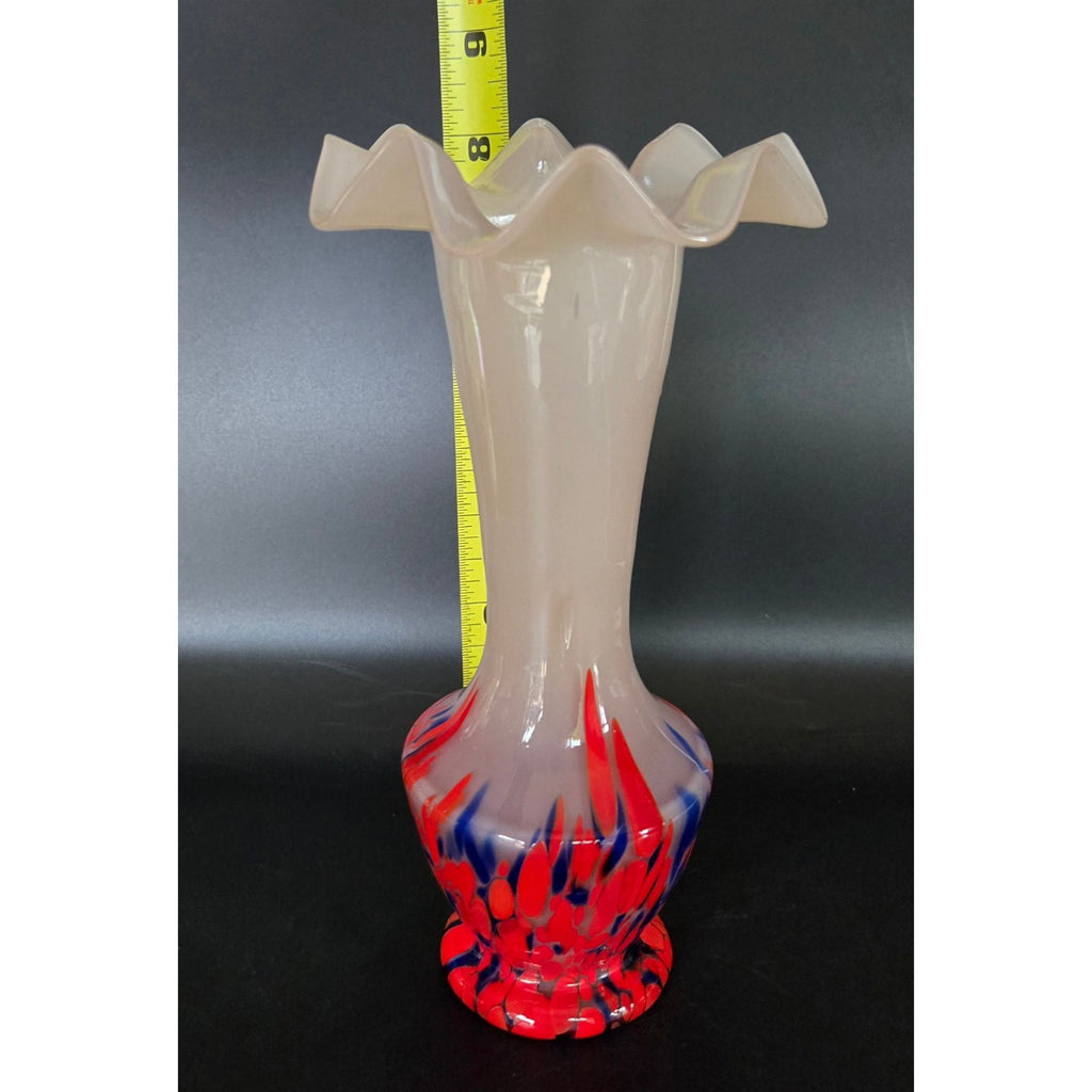 1930s Hand Blown Czech Vase Pale Pink, Red Blue Splatter Glass Technique, w/ ruffle rim