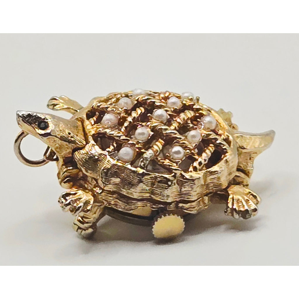 Vintage Majestime Turtle Brooch watch clock. Gold Tone w/pearls accents (NONWORKING)