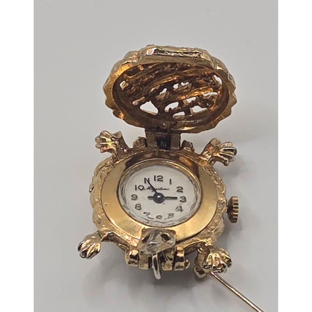Vintage Majestime Turtle Brooch watch clock. Gold Tone w/pearls accents (NONWORKING)