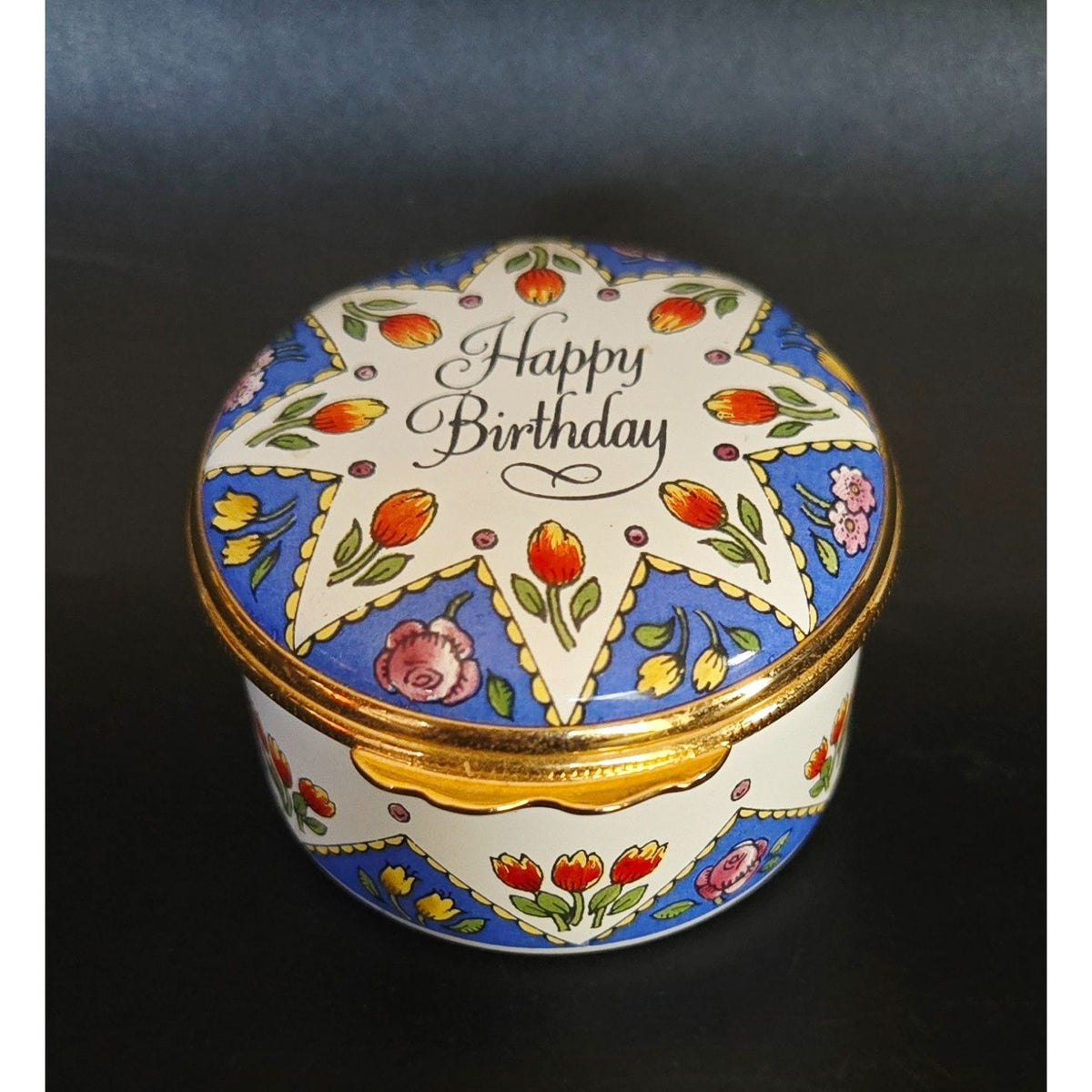 Halcyon Days Happy Birthday Trinket Box Star w/Flowers Enamel Floral Gold England