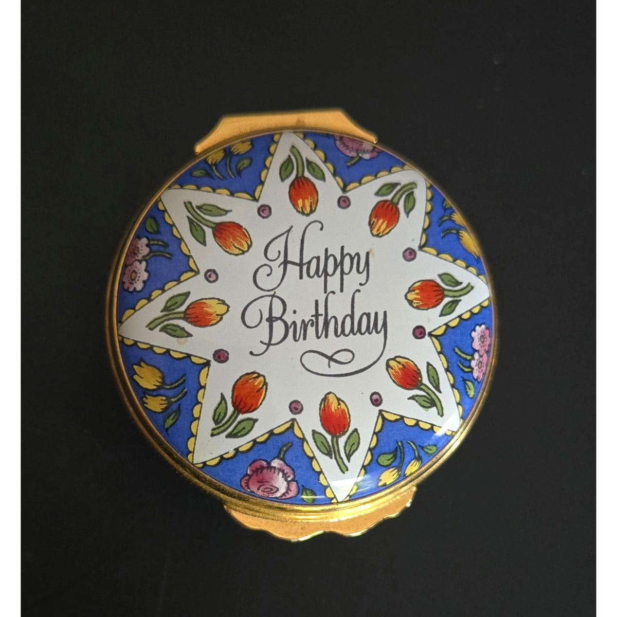 Halcyon Days Happy Birthday Trinket Box Star w/Flowers Enamel Floral Gold England
