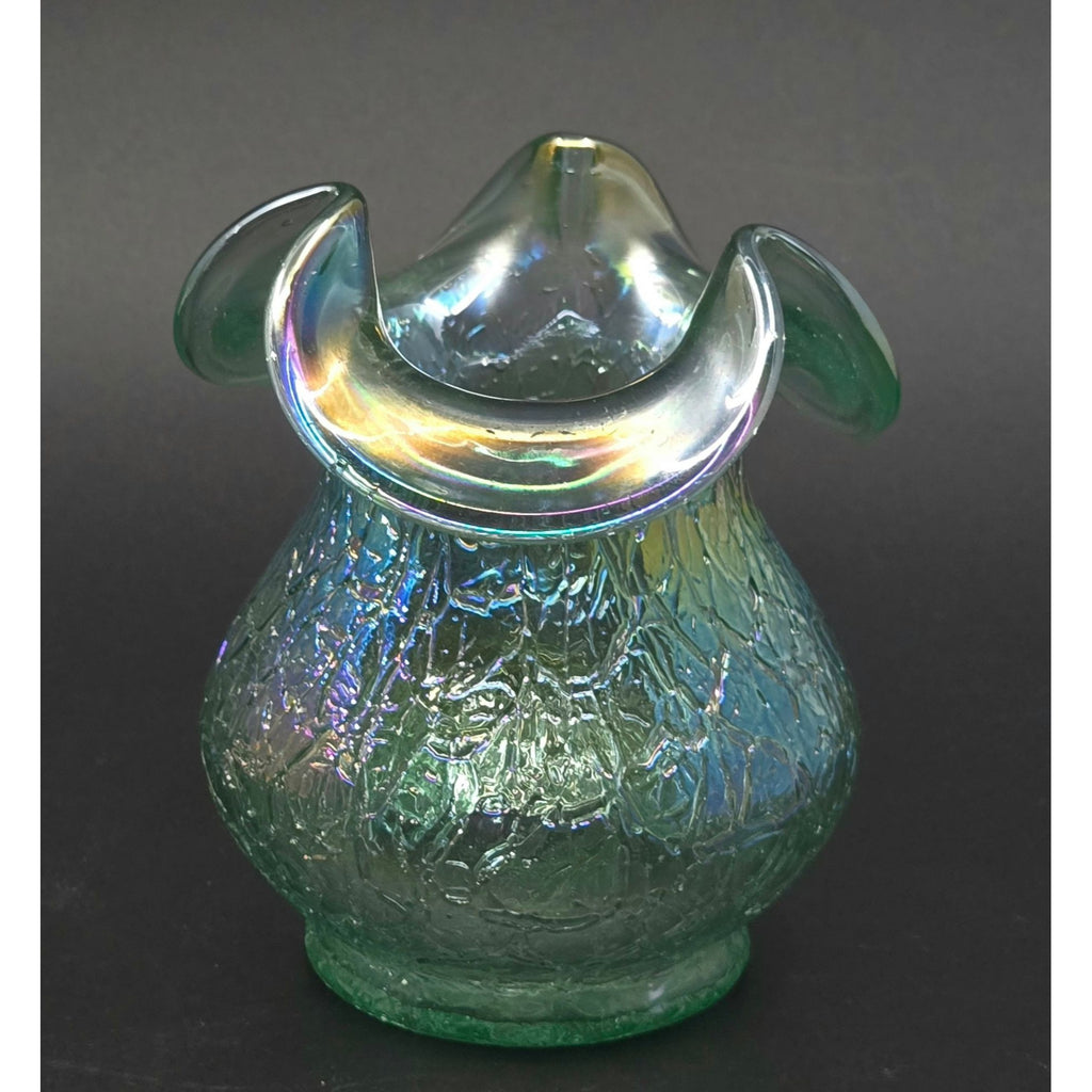 Fenton Seafoam Green Crackled Glass Vase Iridescent Finish & Ruffled Rim