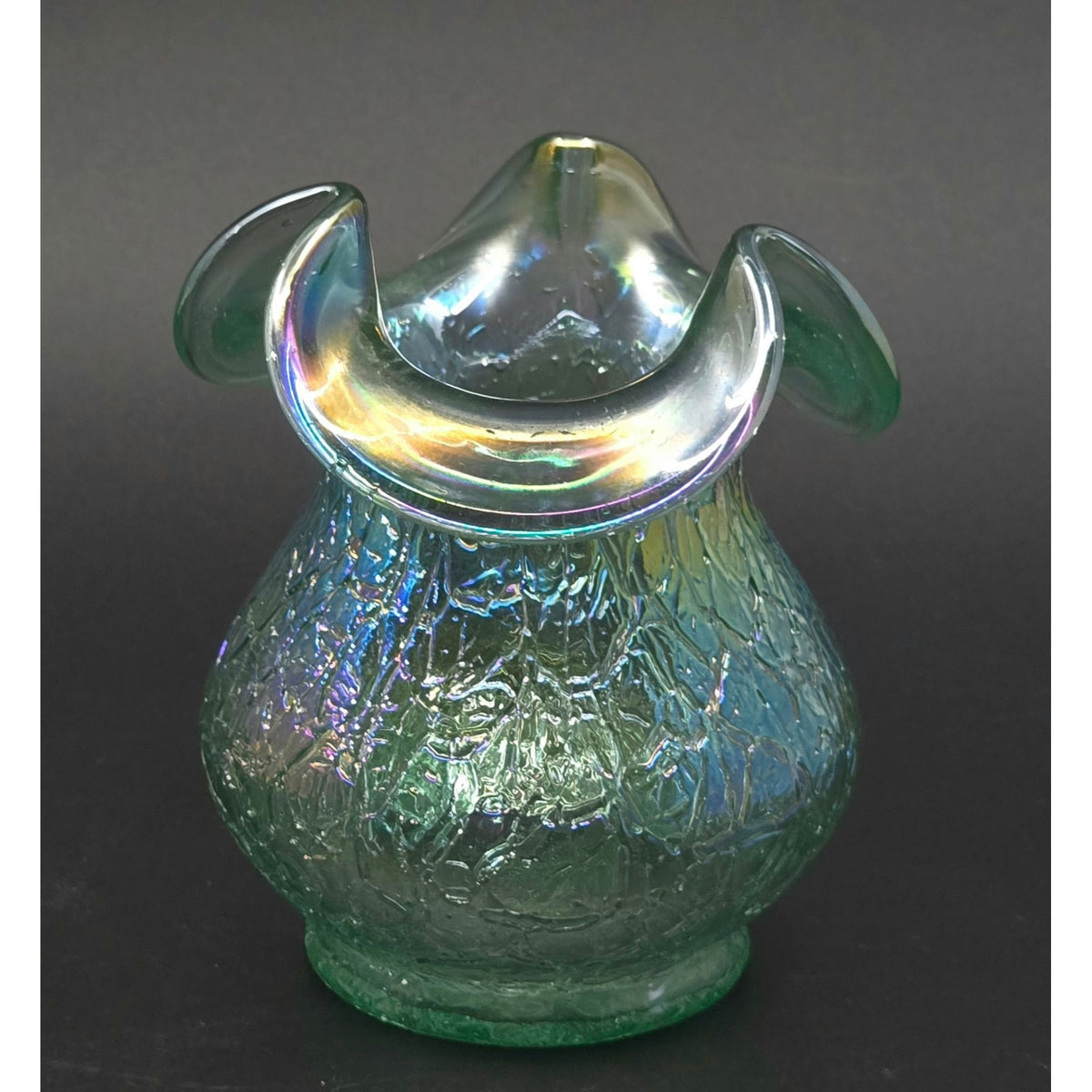 Fenton Seafoam Green Crackled Glass Vase Iridescent Finish & Ruffled Rim