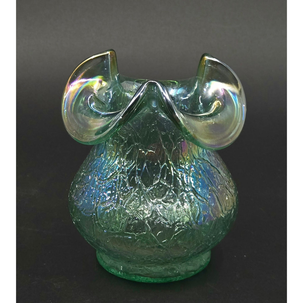 Fenton Seafoam Green Crackled Glass Vase Iridescent Finish & Ruffled Rim