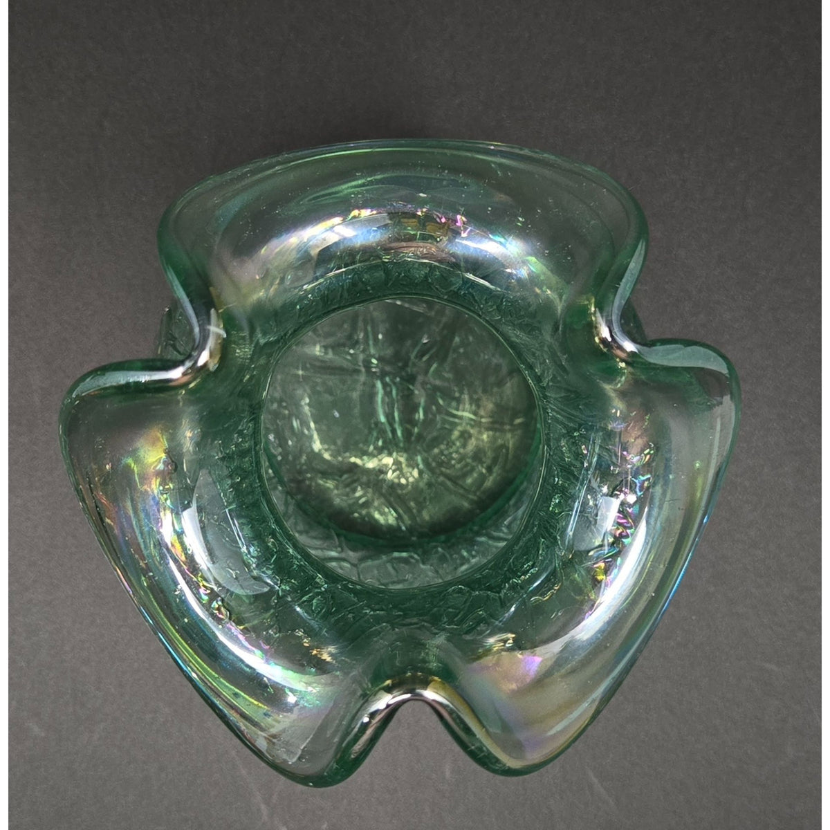 Fenton Seafoam Green Crackled Glass Vase Iridescent Finish & Ruffled Rim