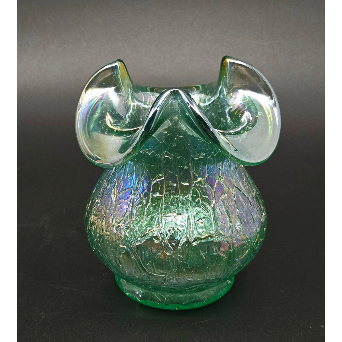 Fenton Seafoam Green Crackled Glass Vase Iridescent Finish & Ruffled Rim