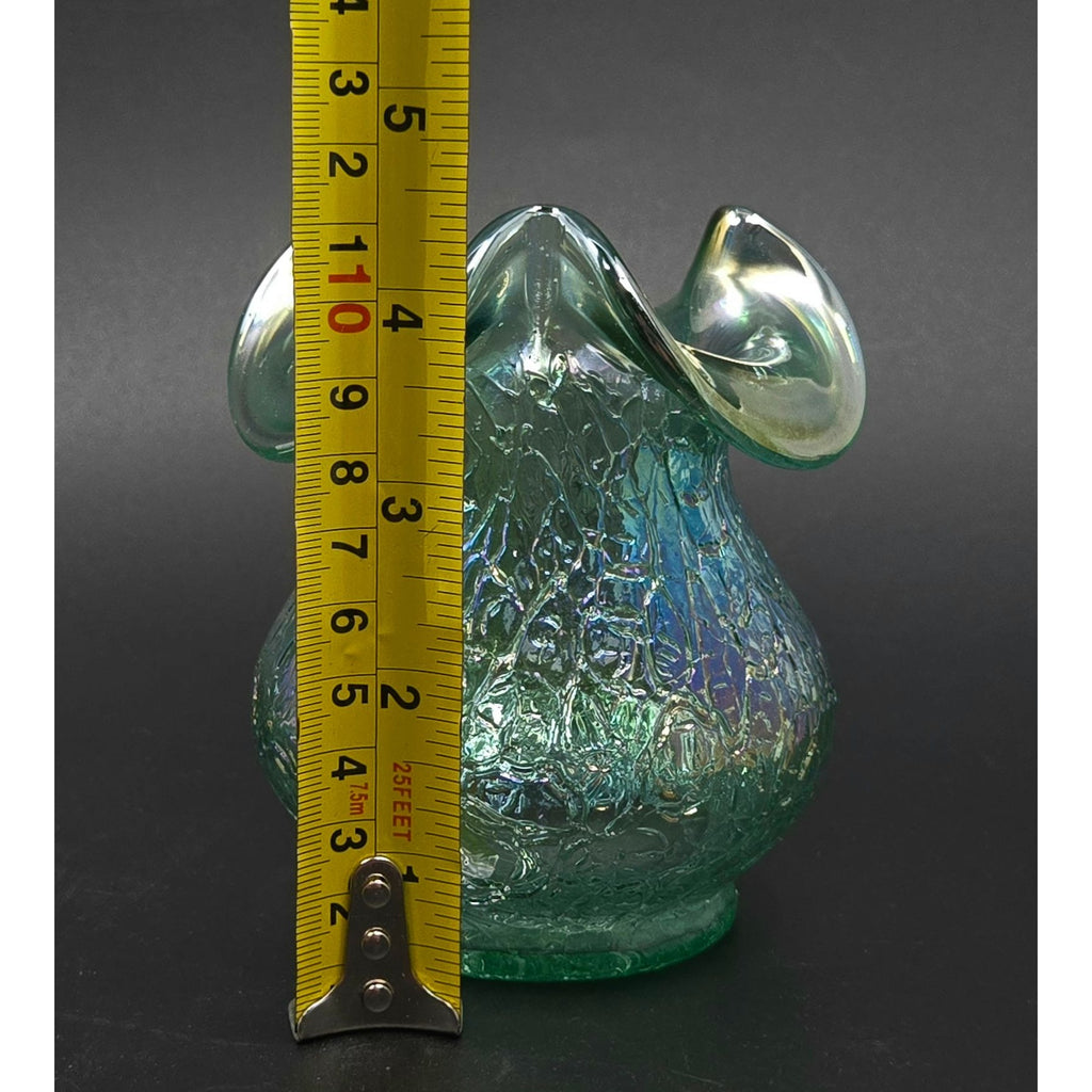 Fenton Seafoam Green Crackled Glass Vase Iridescent Finish & Ruffled Rim