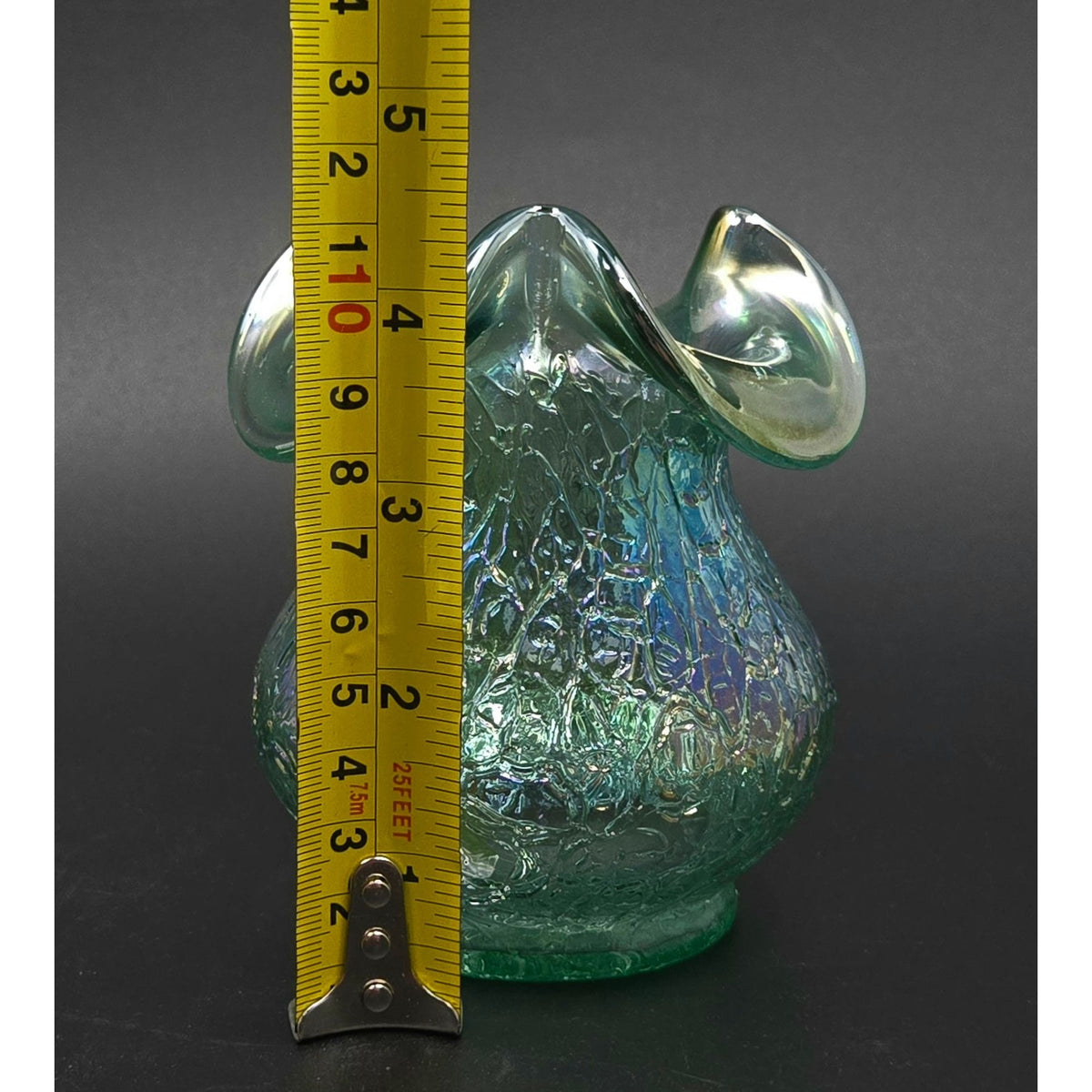 Fenton Seafoam Green Crackled Glass Vase Iridescent Finish & Ruffled Rim