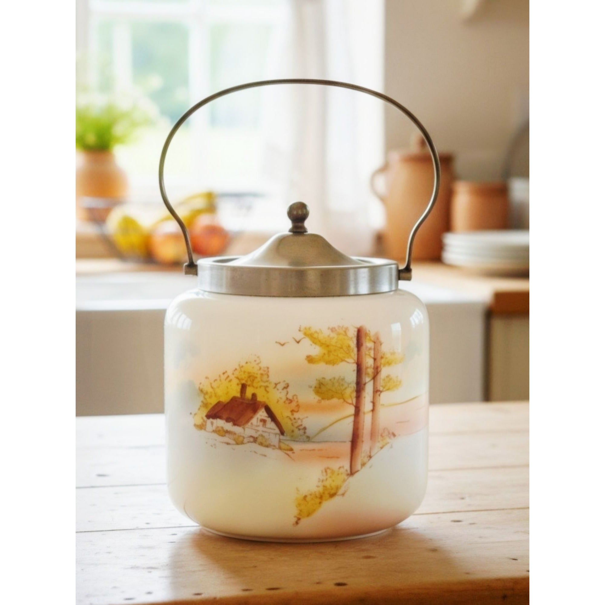 Antique Biscuit Jar With Scenic Landscape Design & Metal Lid