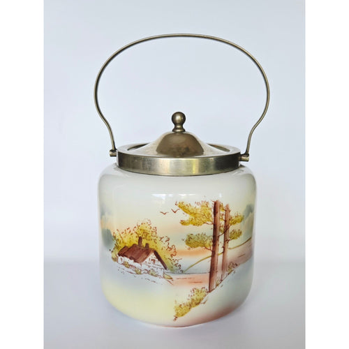 Antique Biscuit Jar With Scenic Landscape Design & Metal Lid