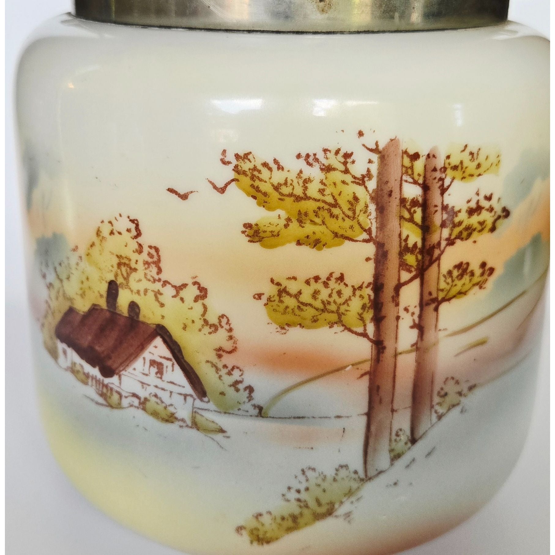 Antique Biscuit Jar With Scenic Landscape Design & Metal Lid