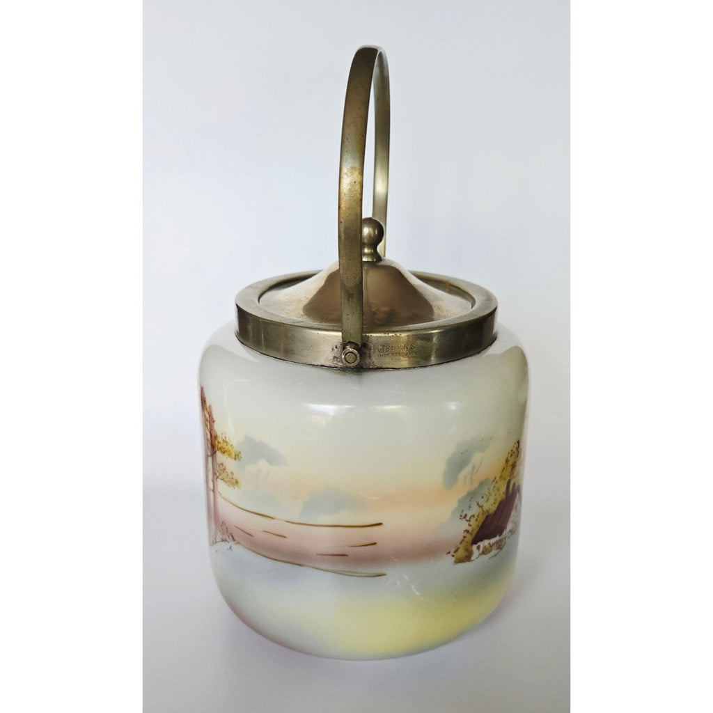 Antique Biscuit Jar With Scenic Landscape Design & Metal Lid