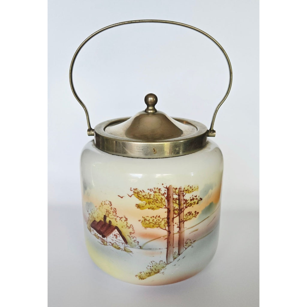 Antique Biscuit Jar With Scenic Landscape Design & Metal Lid