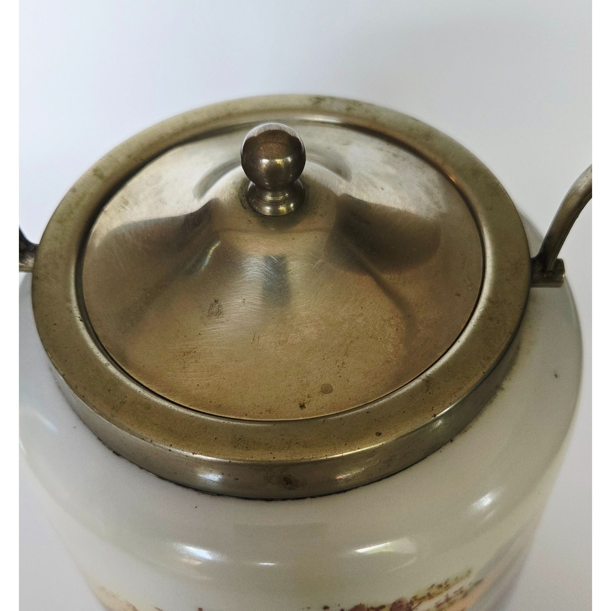 Antique Biscuit Jar With Scenic Landscape Design & Metal Lid