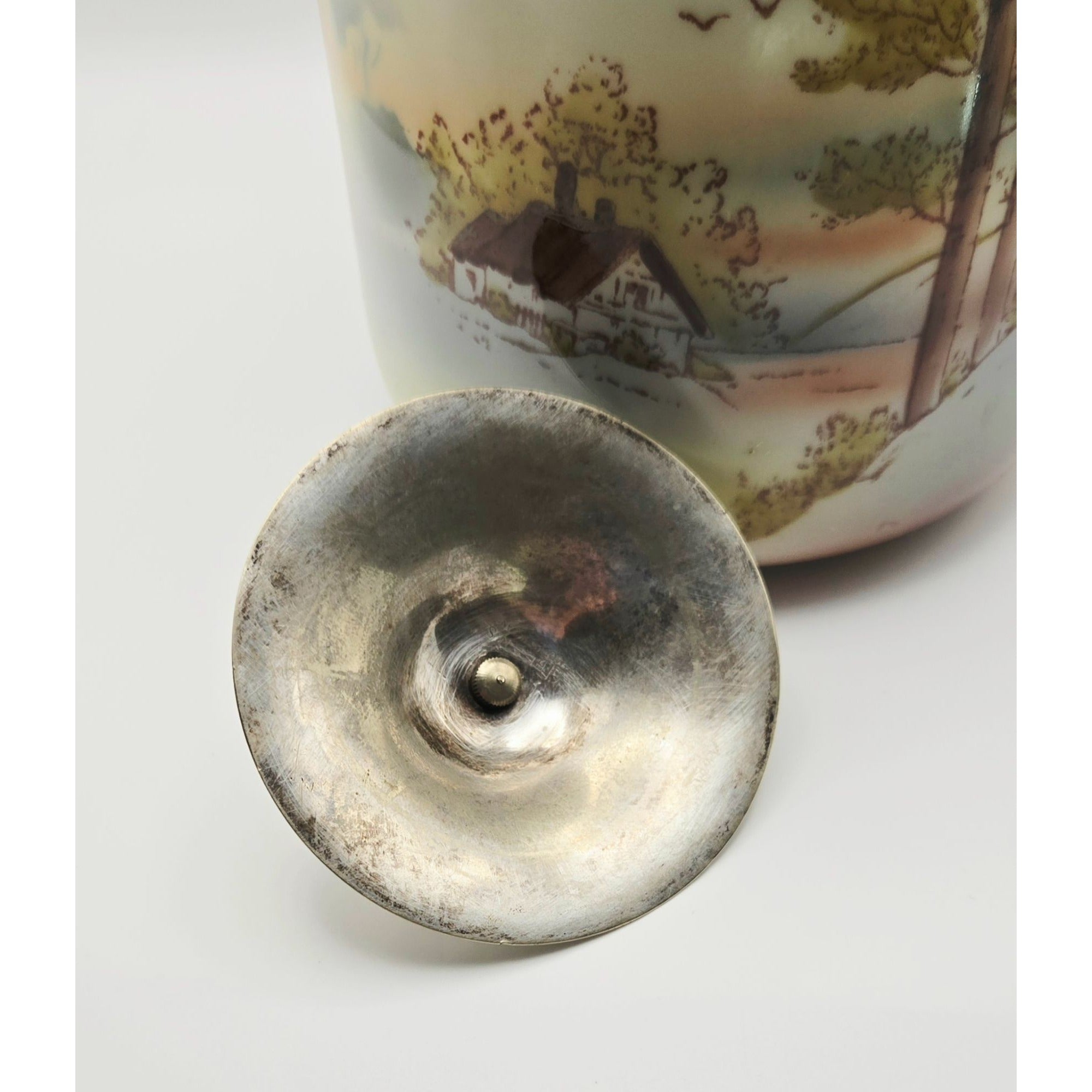 Antique Biscuit Jar With Scenic Landscape Design & Metal Lid