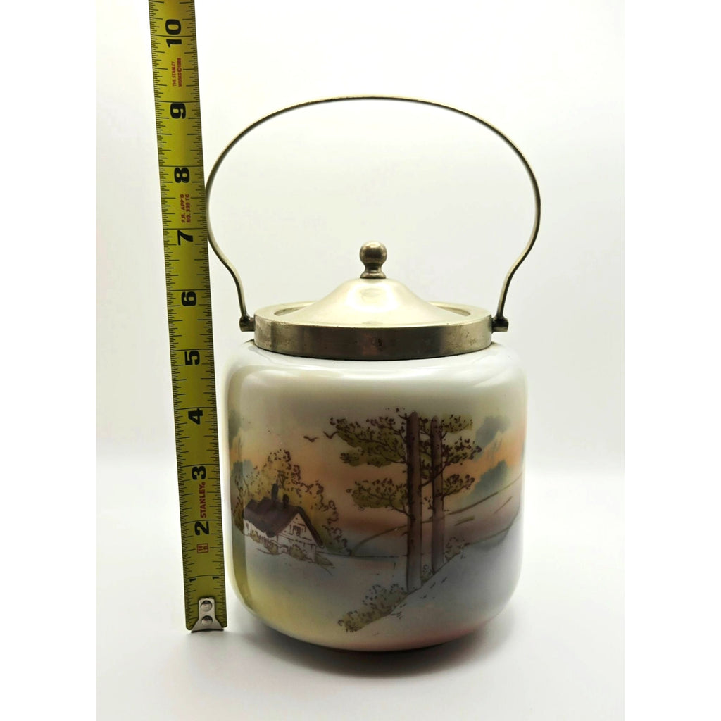 Antique Biscuit Jar With Scenic Landscape Design & Metal Lid