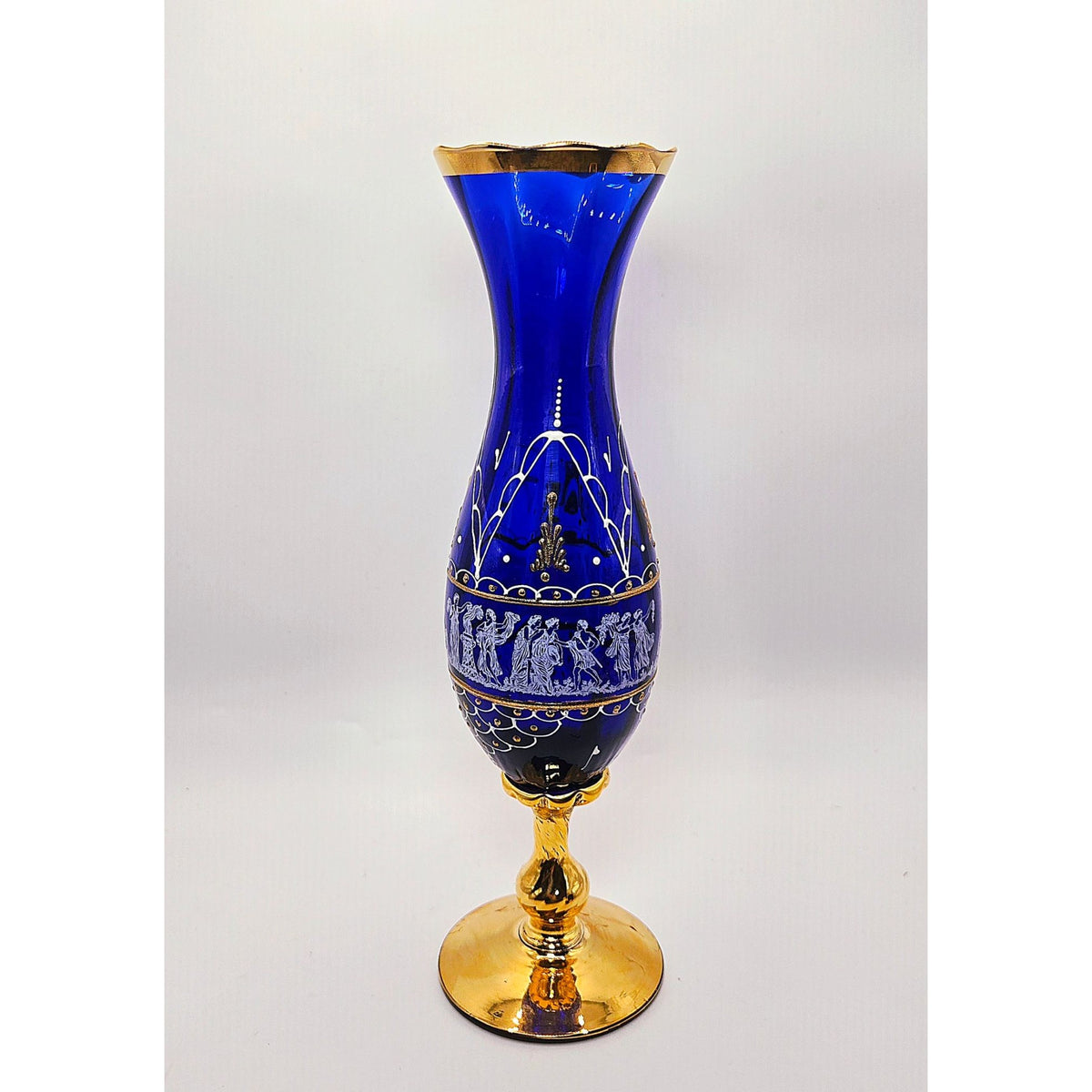 Hand-Painted Bohemian Neoclassical Cobalt Blue & Gold Glass Vase W/ Greek Design Elegant