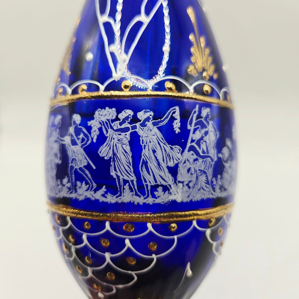 Hand-Painted Bohemian Neoclassical Cobalt Blue & Gold Glass Vase W/ Greek Design Elegant
