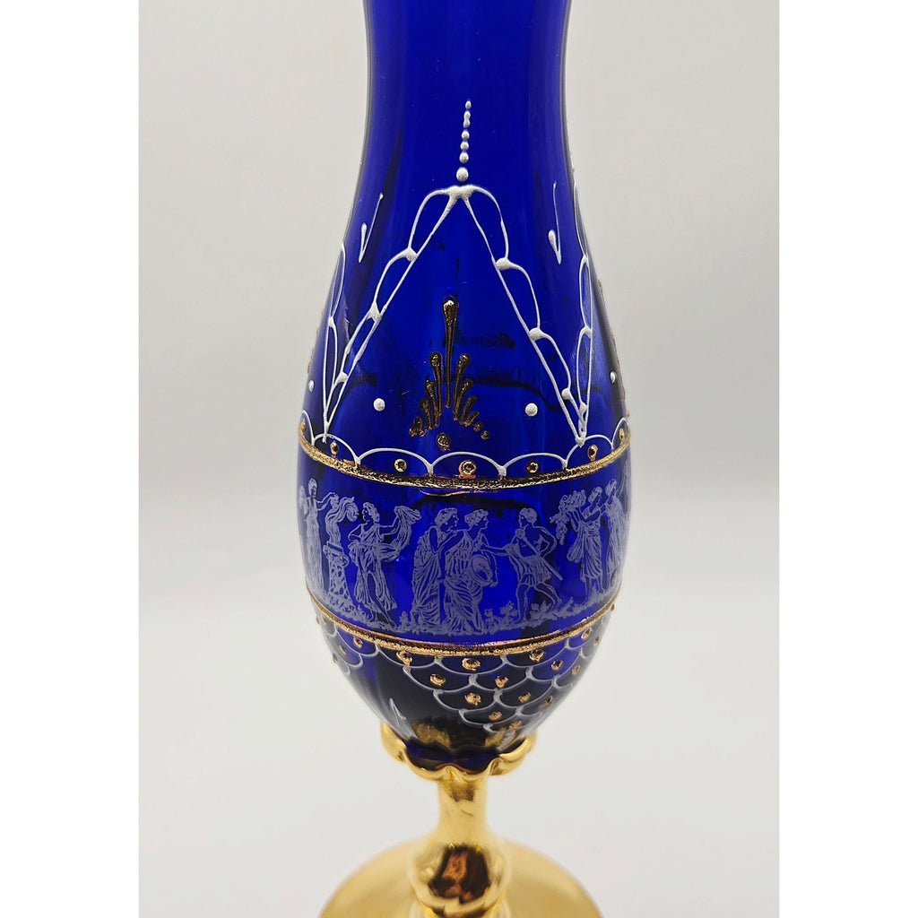 Hand-Painted Bohemian Neoclassical Cobalt Blue & Gold Glass Vase W/ Greek Design Elegant