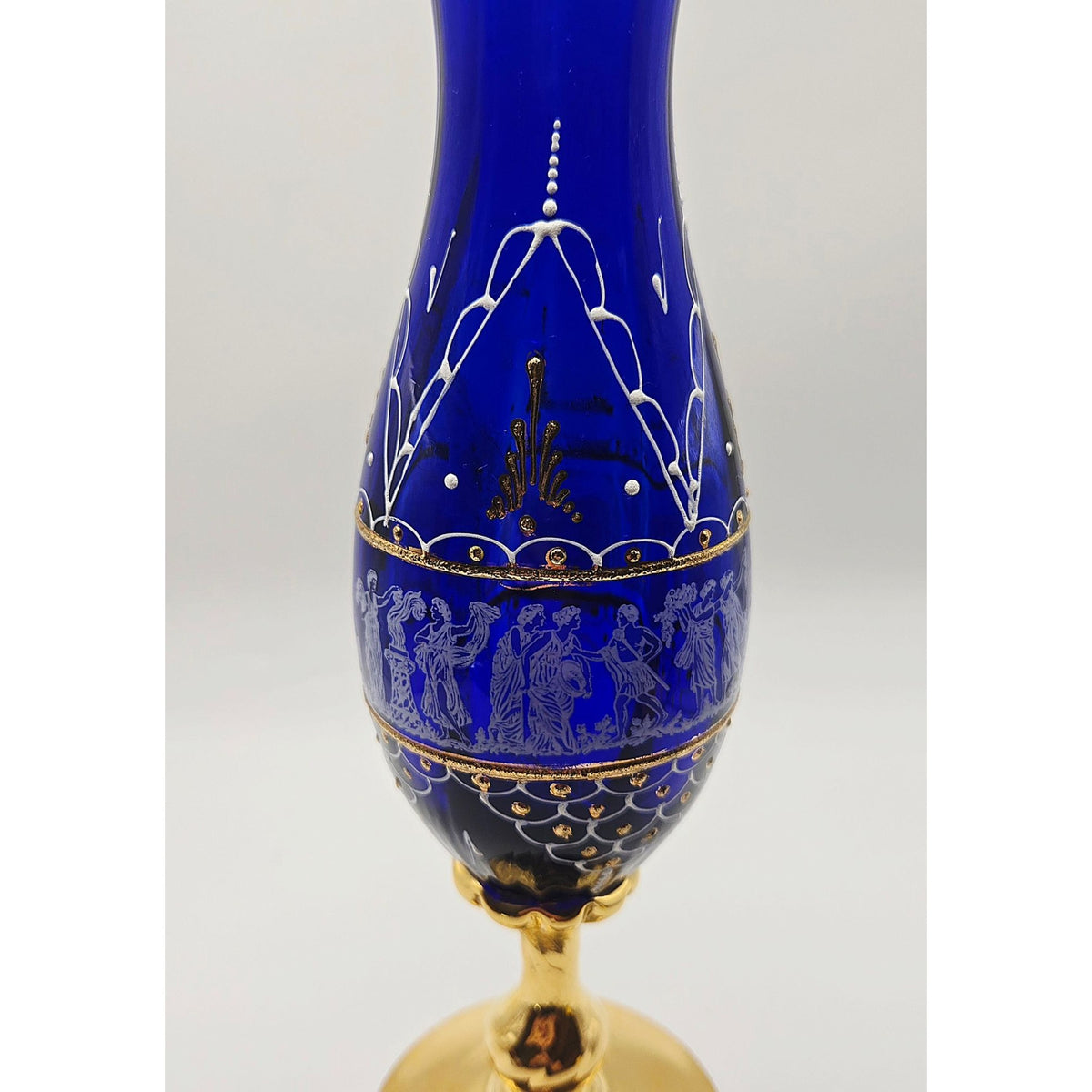 Hand-Painted Bohemian Neoclassical Cobalt Blue & Gold Glass Vase W/ Greek Design Elegant
