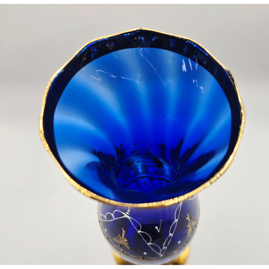 Hand-Painted Bohemian Neoclassical Cobalt Blue & Gold Glass Vase W/ Greek Design Elegant