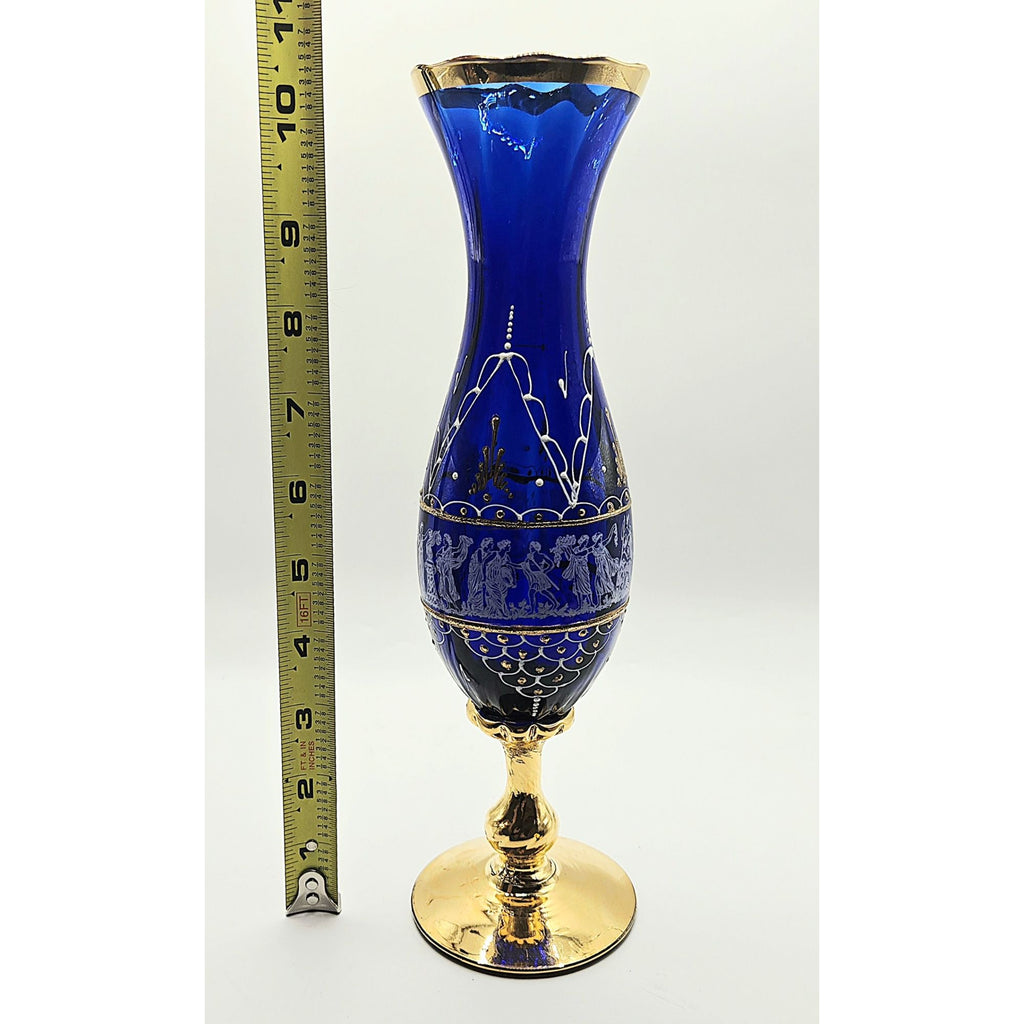 Hand-Painted Bohemian Neoclassical Cobalt Blue & Gold Glass Vase W/ Greek Design Elegant