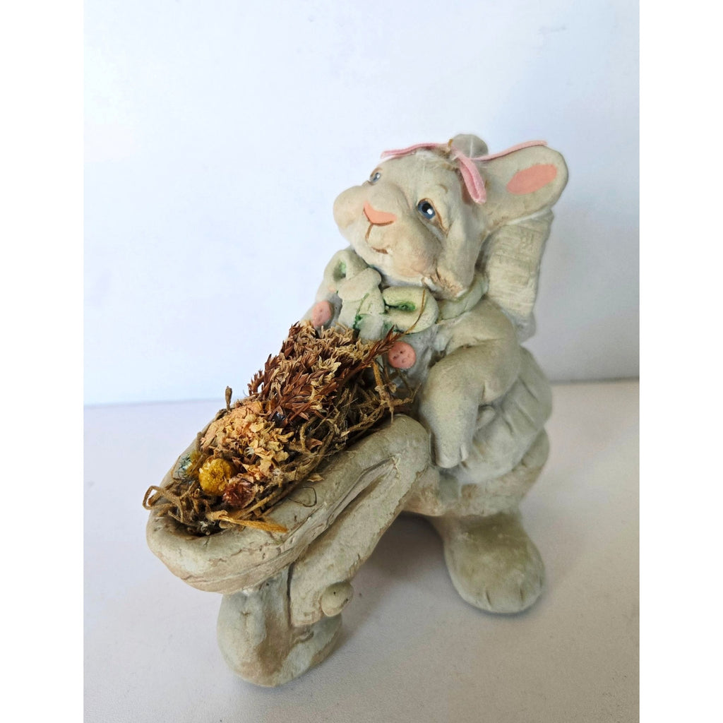 Handcrafted Dreamsicles Bunny Figurine With Wheelbarrow Of Dried Flowers - Signed