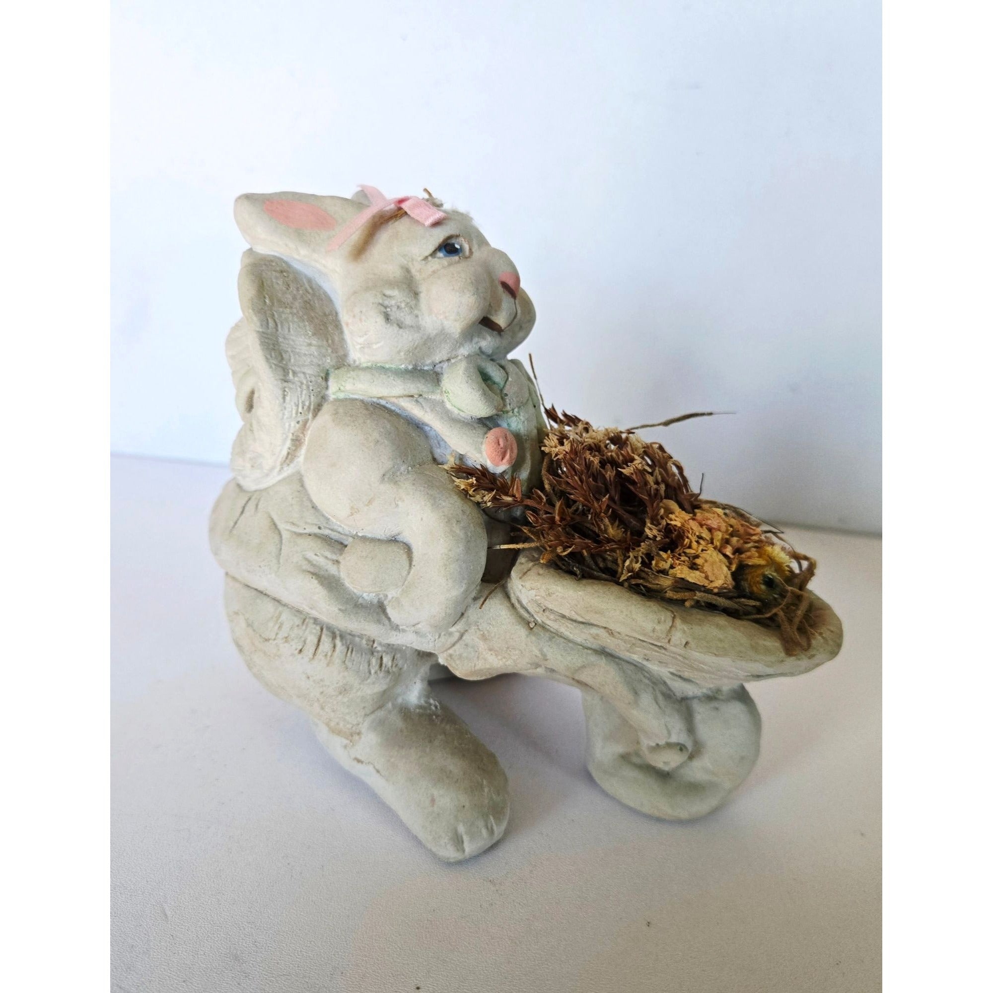 Handcrafted Dreamsicles Bunny Figurine With Wheelbarrow Of Dried Flowers - Signed