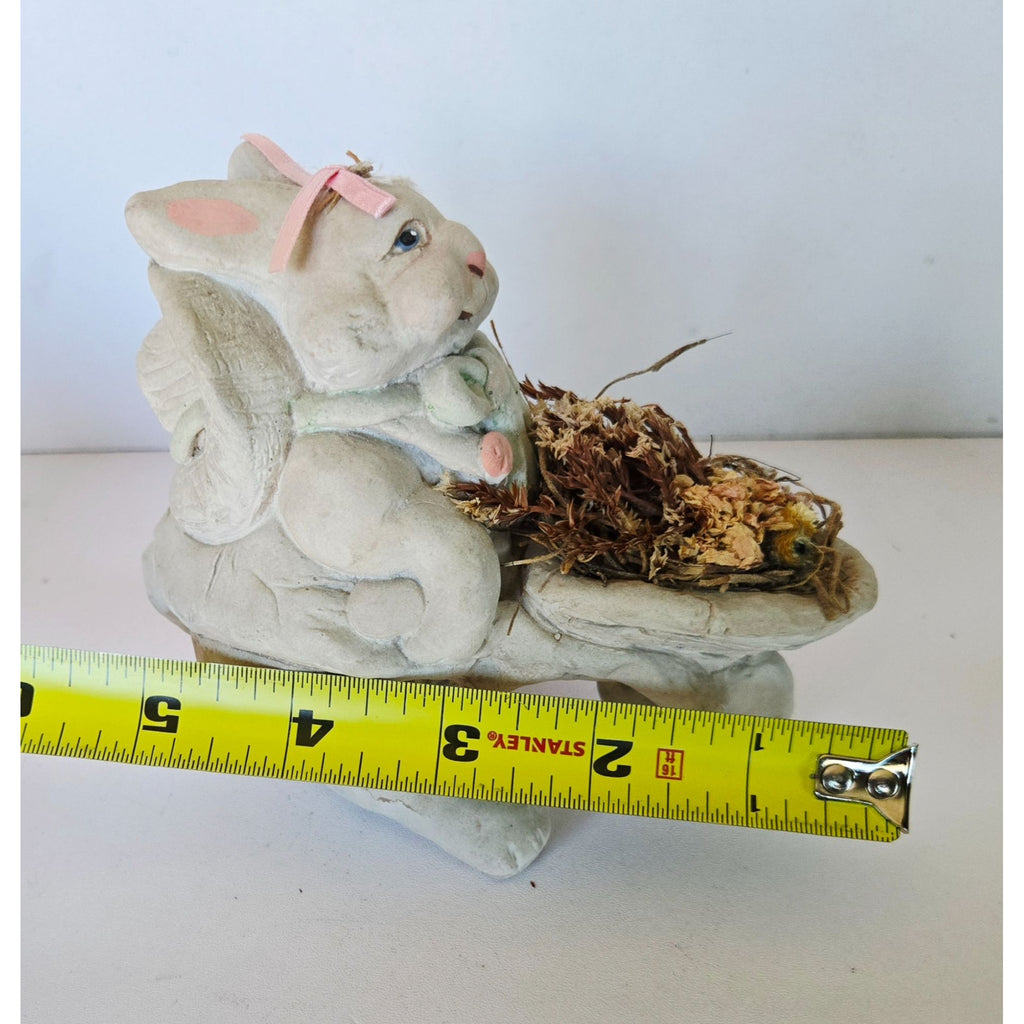 Handcrafted Dreamsicles Bunny Figurine With Wheelbarrow Of Dried Flowers - Signed