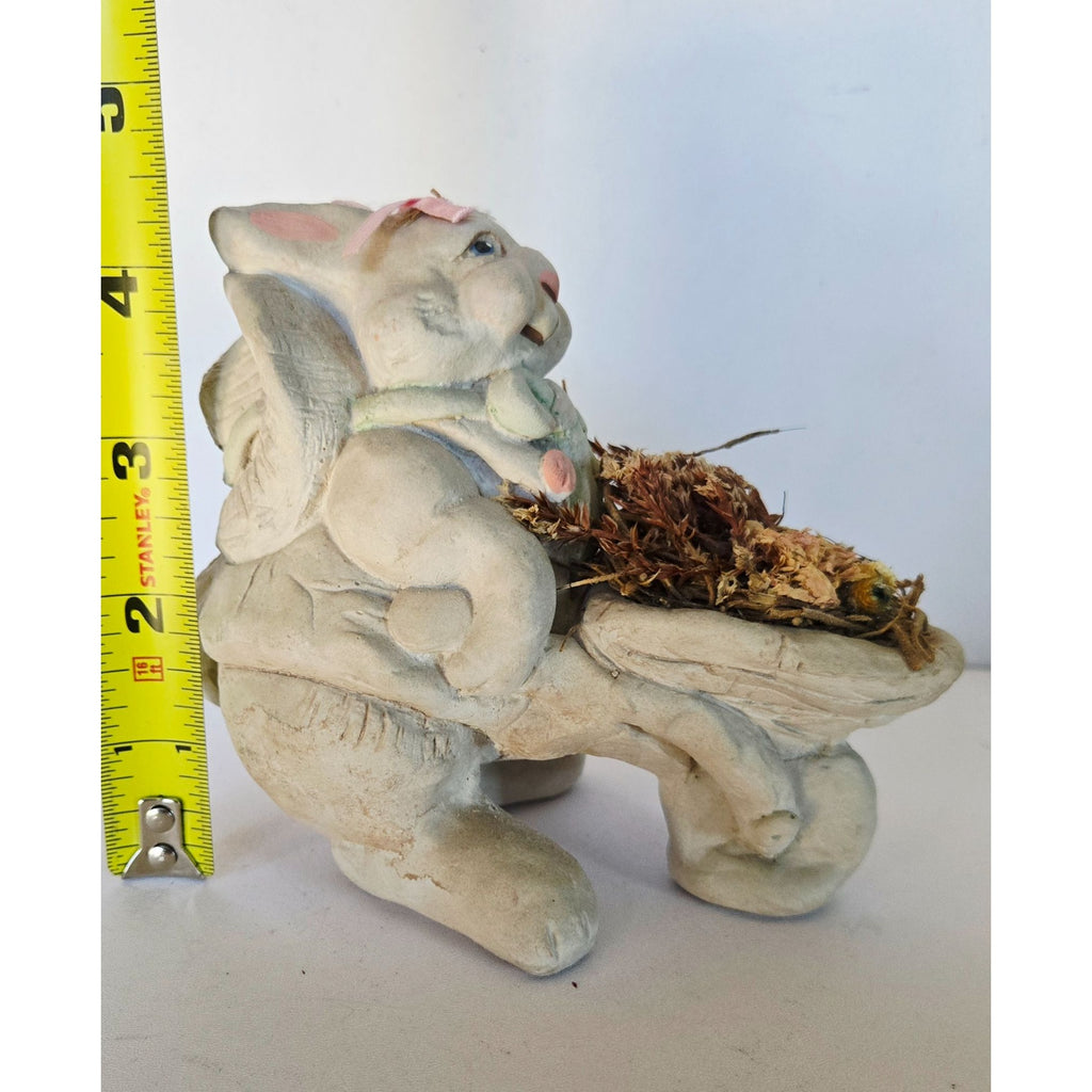 Handcrafted Dreamsicles Bunny Figurine With Wheelbarrow Of Dried Flowers - Signed