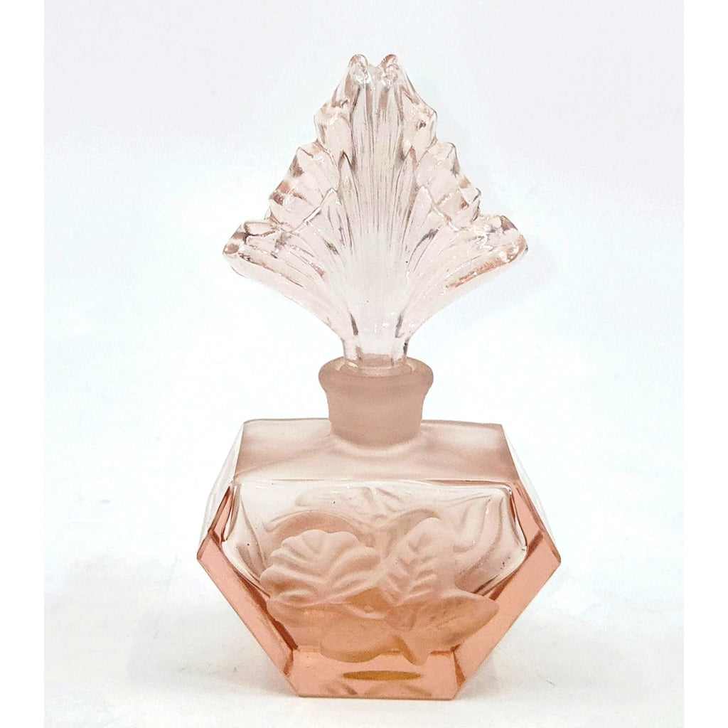 Vintage Pink Frosted Glass Perfume Bottle  Floral Design Ornate Stopper