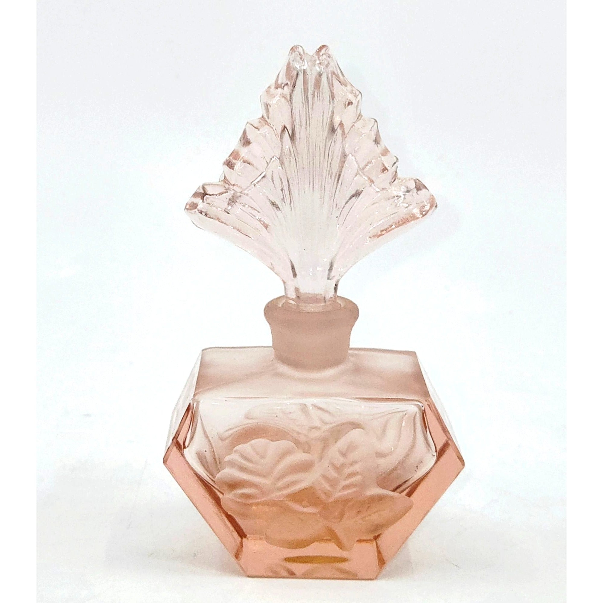 Vintage Pink Frosted Glass Perfume Bottle  Floral Design Ornate Stopper
