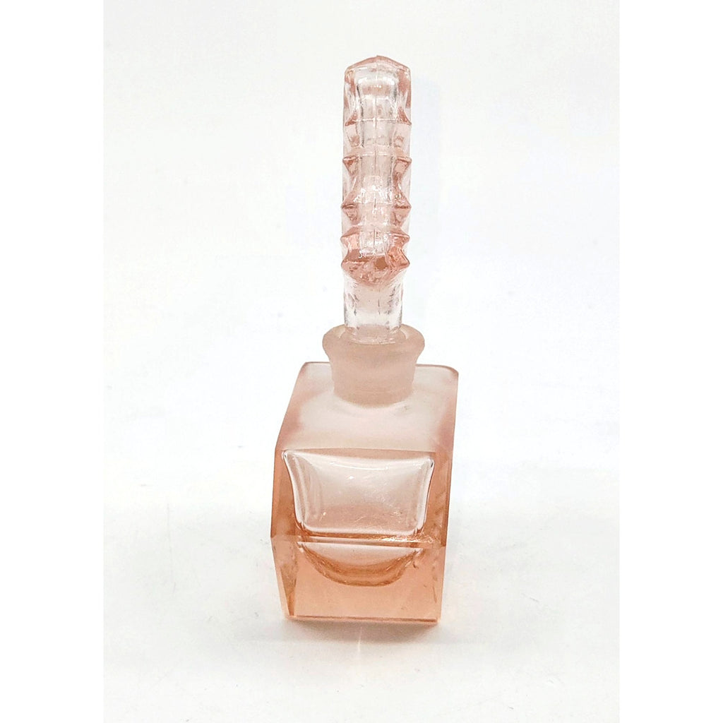 Vintage Pink Frosted Glass Perfume Bottle  Floral Design Ornate Stopper