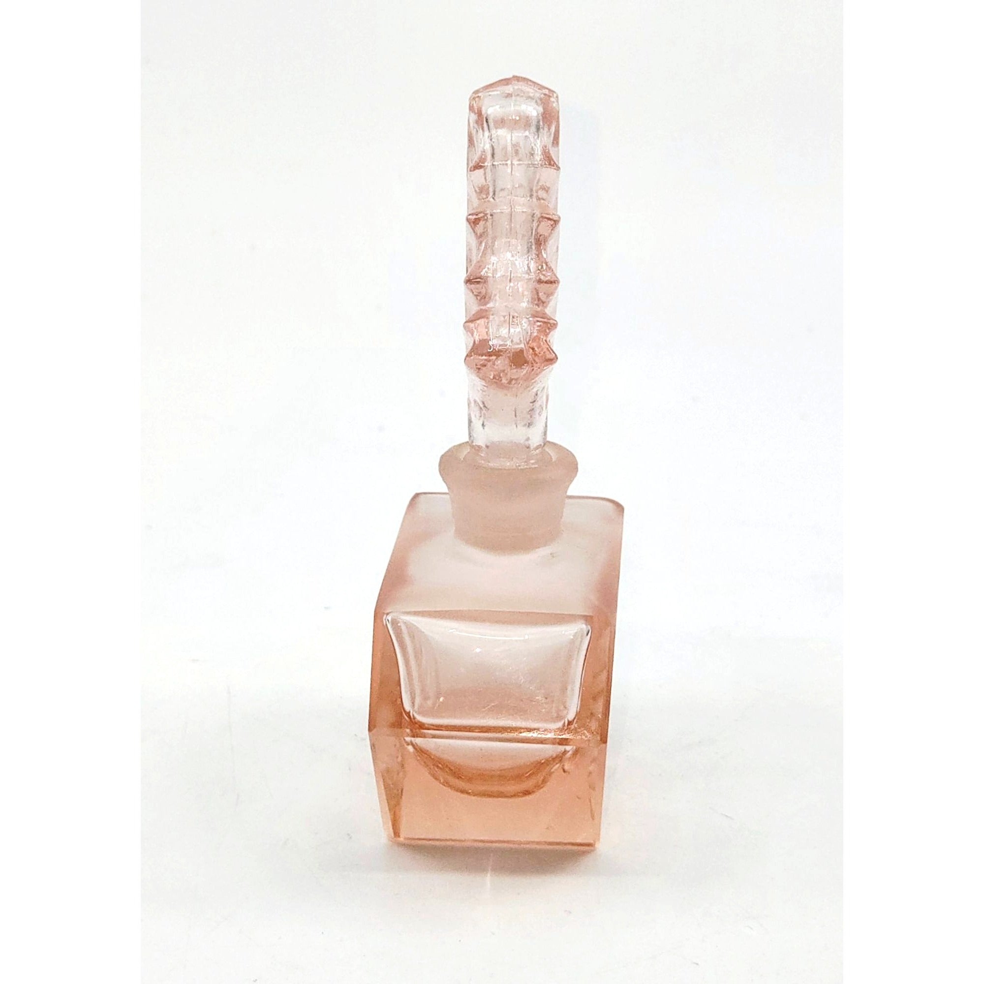 Vintage Pink Frosted Glass Perfume Bottle  Floral Design Ornate Stopper