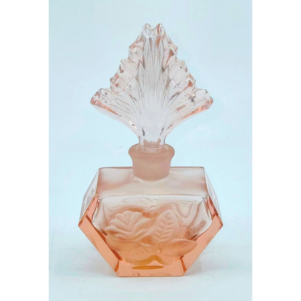 Vintage Pink Frosted Glass Perfume Bottle  Floral Design Ornate Stopper