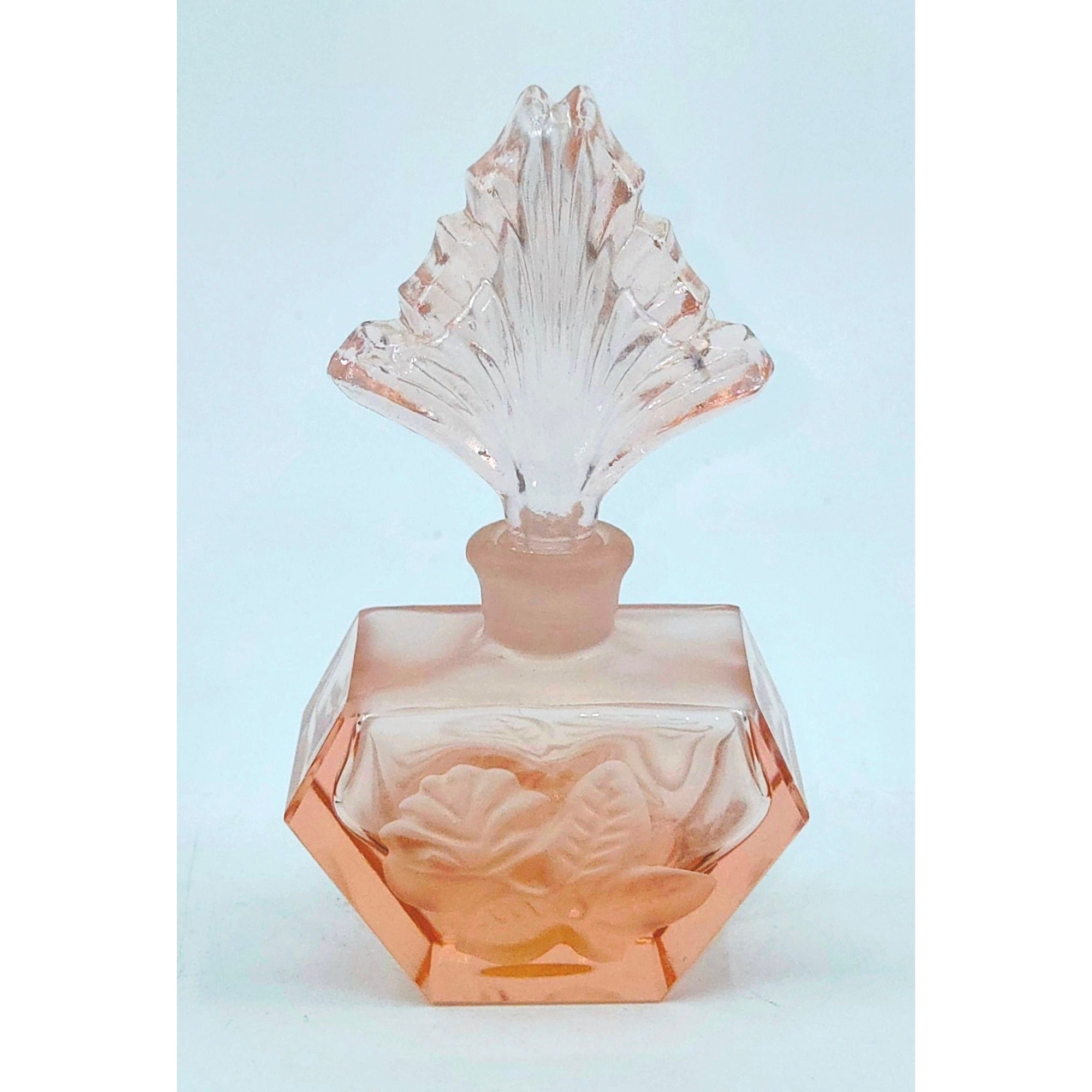 Vintage Pink Frosted Glass Perfume Bottle  Floral Design Ornate Stopper