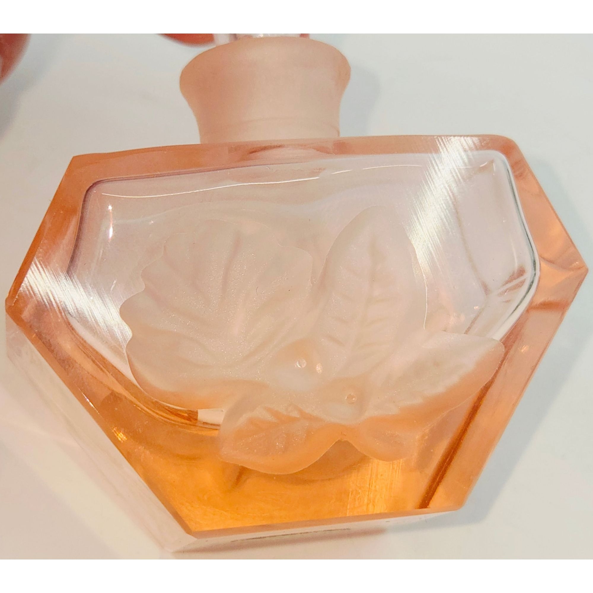 Vintage Pink Frosted Glass Perfume Bottle  Floral Design Ornate Stopper