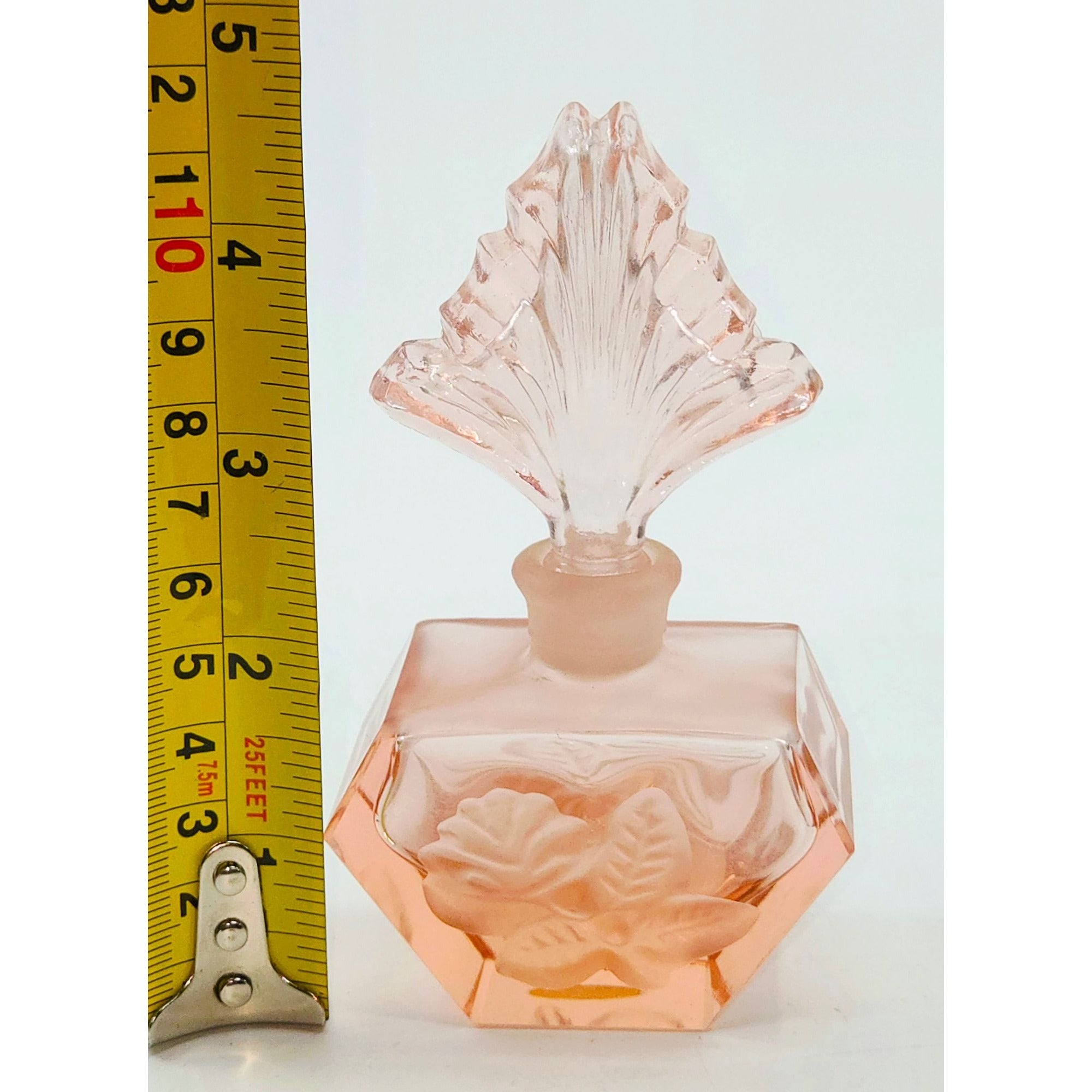 Vintage Pink Frosted Glass Perfume Bottle  Floral Design Ornate Stopper