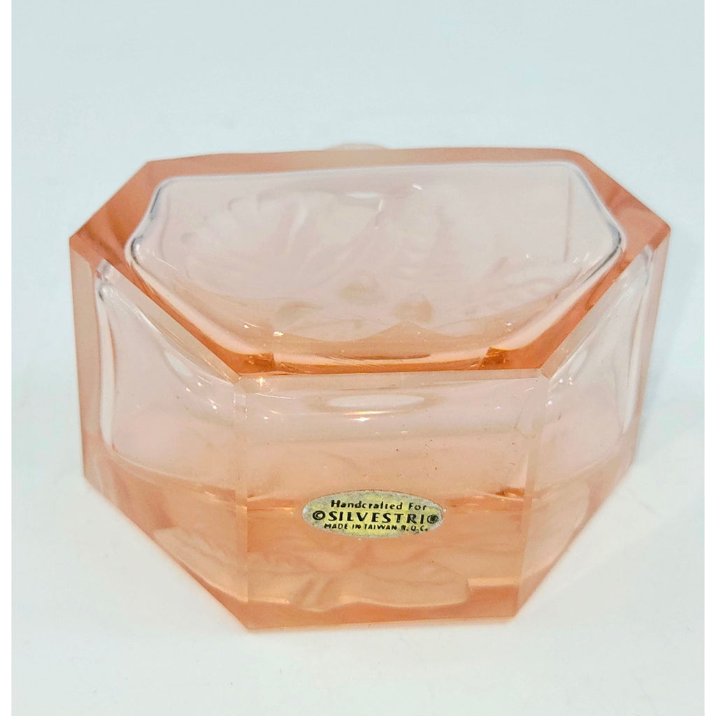 Vintage Pink Frosted Glass Perfume Bottle  Floral Design Ornate Stopper