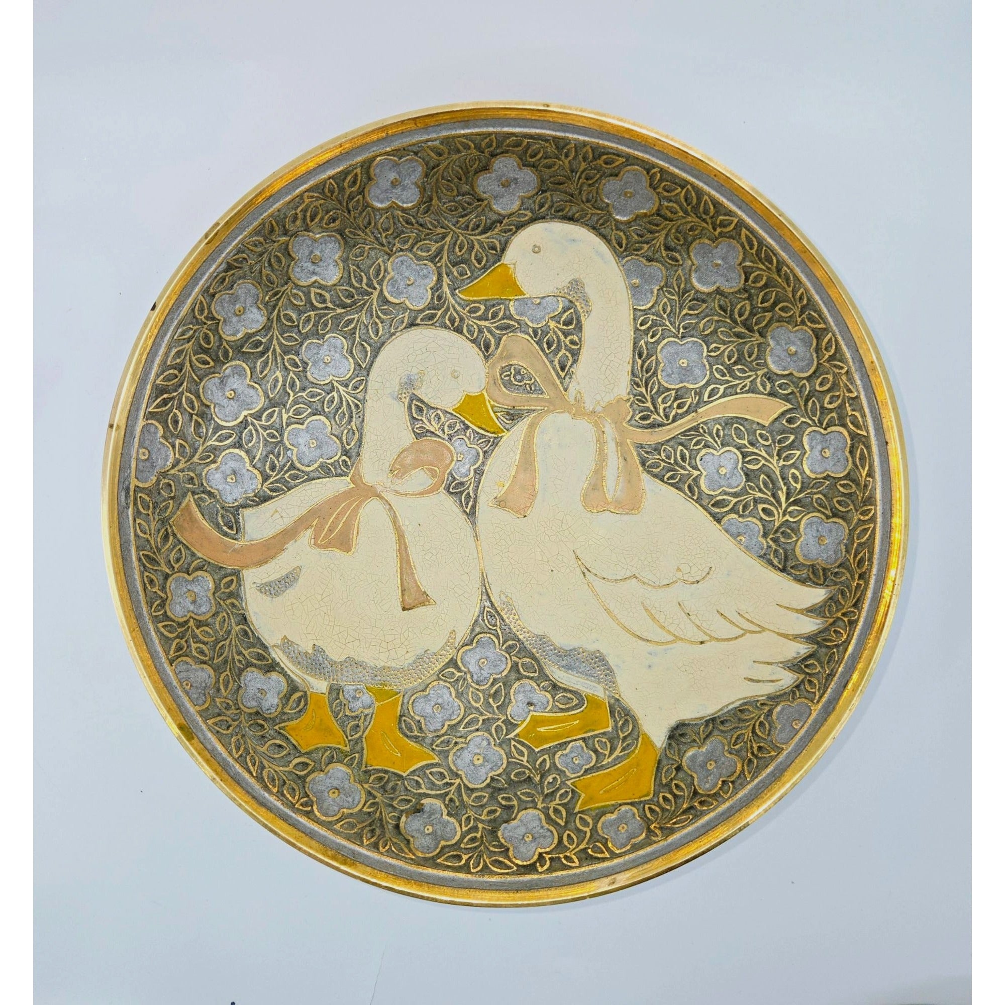 Decorative Goose, Brass Bowl Geese With Hand-Painted enameled Geese & Floral Design
