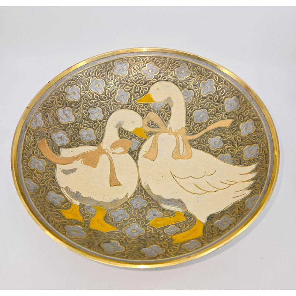 Decorative Goose, Brass Bowl Geese With Hand-Painted enameled Geese & Floral Design
