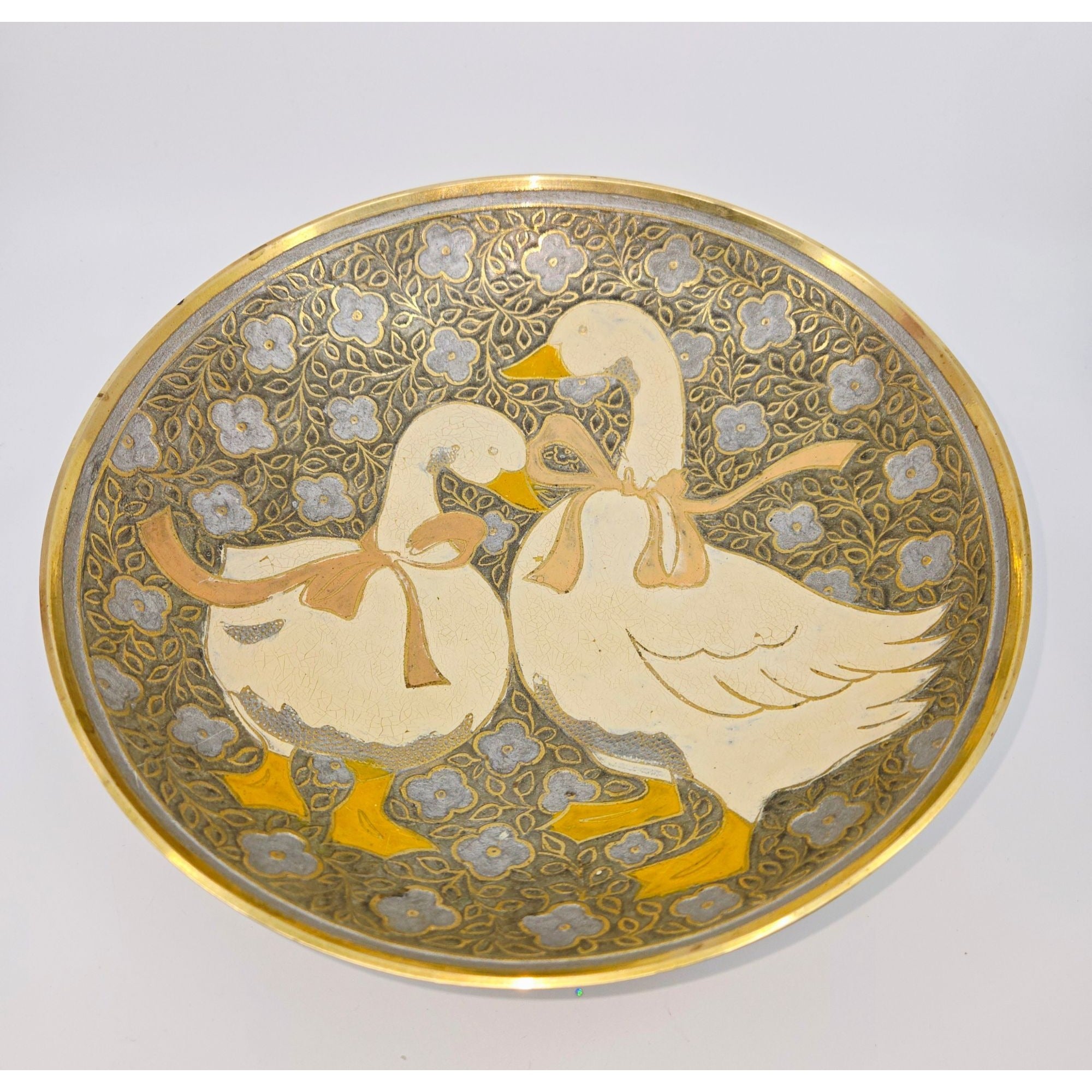 Decorative Goose, Brass Bowl Geese With Hand-Painted enameled Geese & Floral Design
