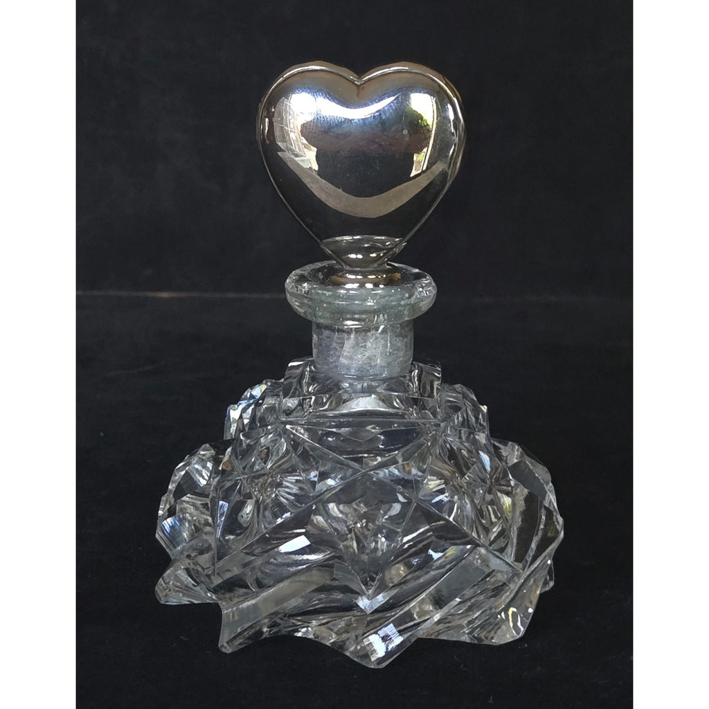 Vintage Crystal Perfume Bottle With Silver Heart Stopper