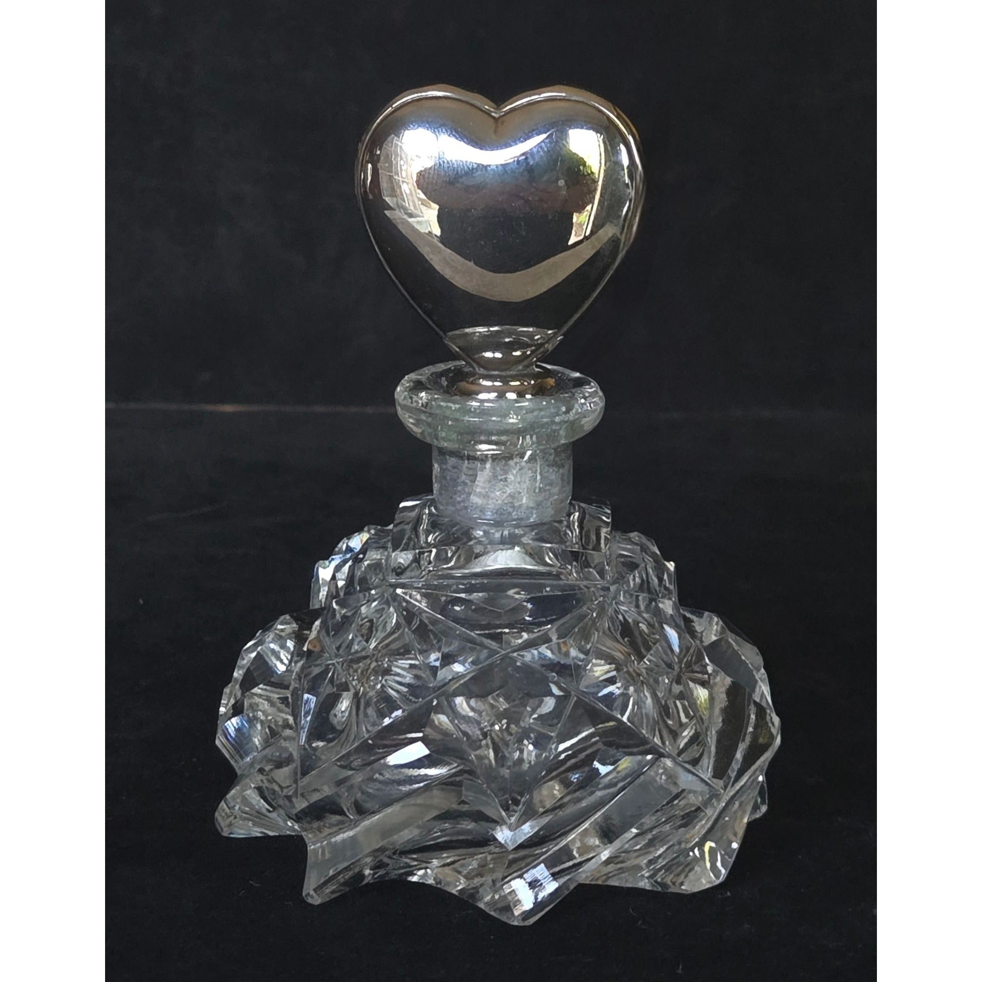 Vintage Crystal Perfume Bottle With Silver Heart Stopper