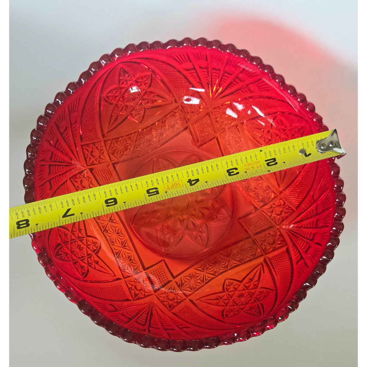 Vintage Brockwitz Amberina Red Pressed Glass Bowl, Intricate Starburst Pattern And Scalloped Edge