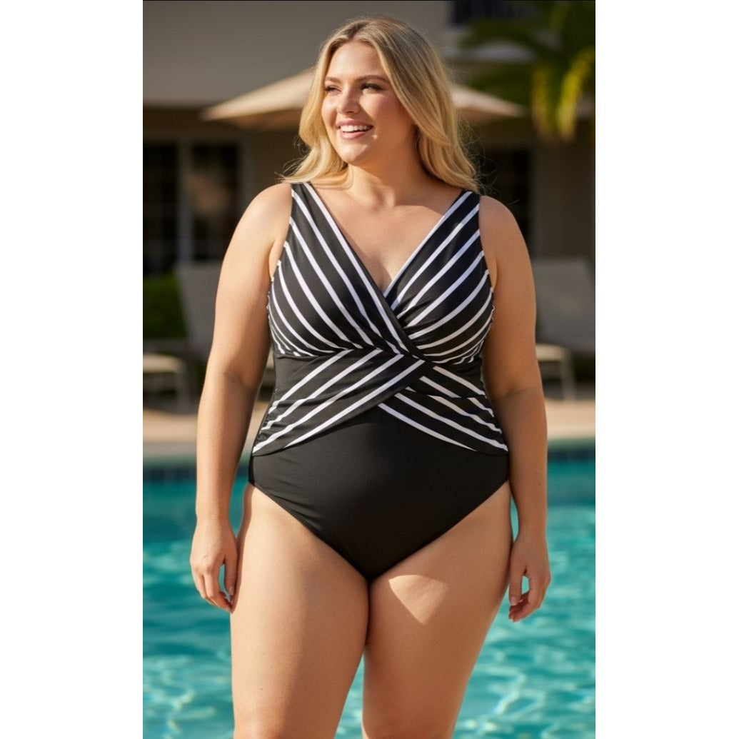 Black & White Striped Plus Size One-Piece Swimsuit With Lined Cups - 3XL - Nylon/Spandex Blend