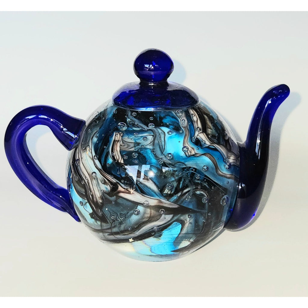Dynasty Gallery Teapot Paperweight, Blue Swirl, Bubbles, Cobalt, Hand Blown Glass