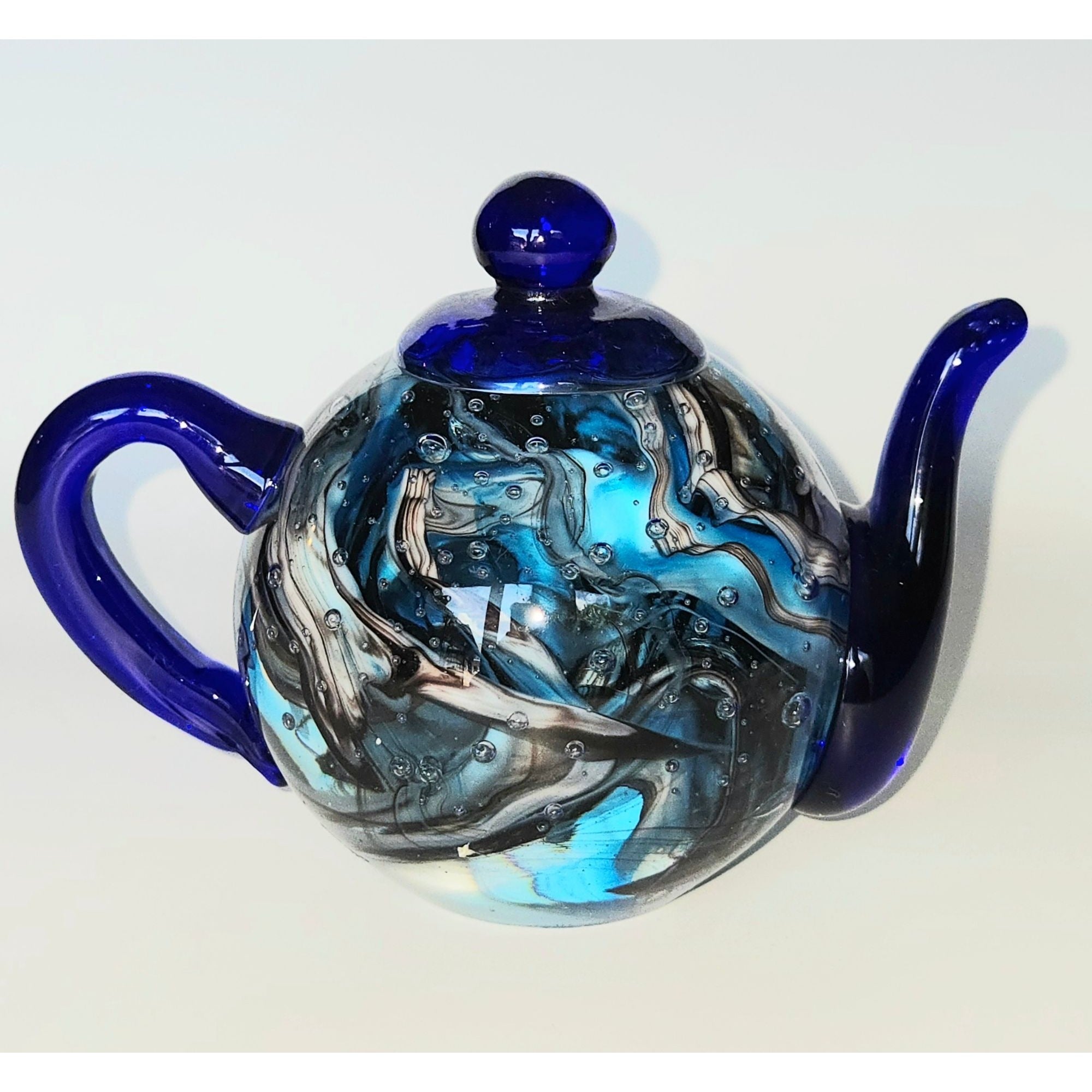 Dynasty Gallery Teapot Paperweight, Blue Swirl, Bubbles, Cobalt, Hand Blown Glass